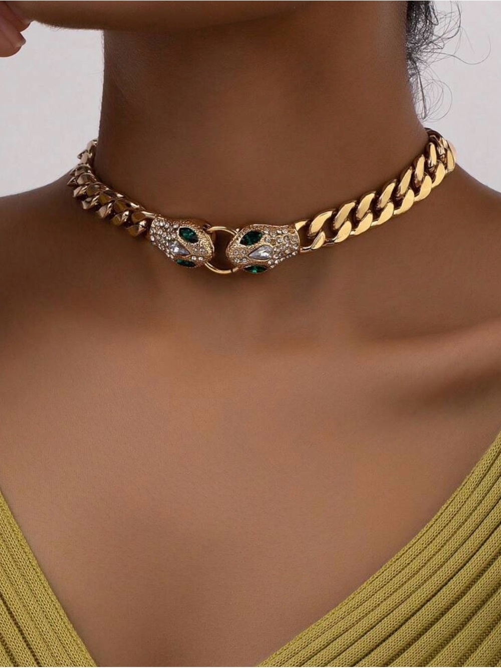 Gold Chain Choker Necklace with Emerald Crystal Heads